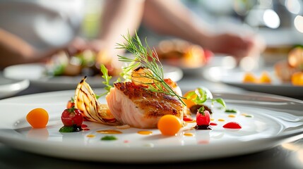 Wall Mural - Gourmet dish featuring grilled salmon, colorful garnishes, and artistic plating.