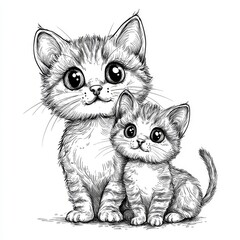 Wall Mural - A black and white kitten and cat in a monochromatic drawing style. Illustration for a cover, card, postcard, interior design, decor, or print.