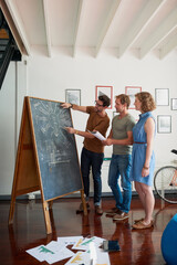 Poster - Company, planning and business people with board in discussion for project, proposal and sales ideas. Employee, meeting and team with feedback in workshop for development, kpi growth or office review