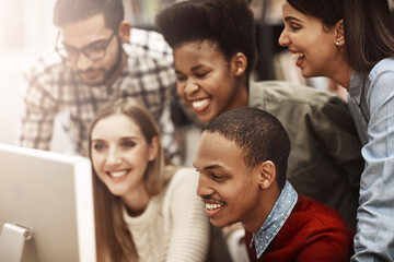 Aufkleber - Group, computer and students learning at library for education, knowledge or test preparation in college. University research, friends and internet for studying, project notes and online exam report
