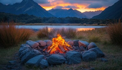 Wall Mural - Campfire in the Mountains