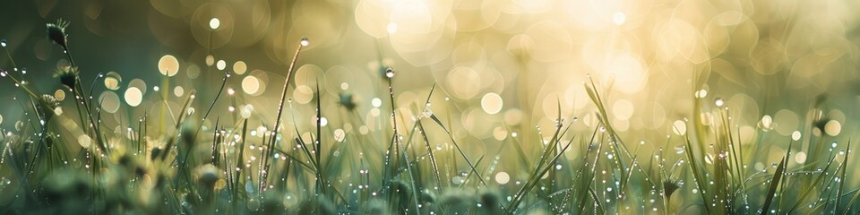 Poster - Morning meadow featuring dewy grass and beautiful light bokeh