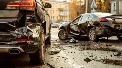 A serious car accident involving two cars, showcasing aftermath of collision with visible damage and debris on road. scene evokes sense of urgency and concern