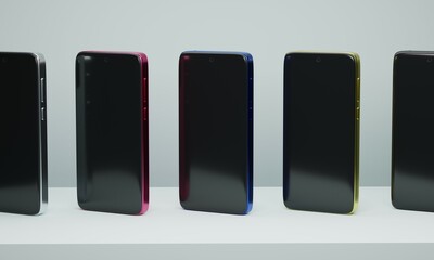 Poster - Store showcase with modern mobile phones of different colors. 3d rendering     