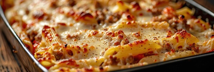 Canvas Print - Close-up of a baked pasta dish featuring penne, minced lamb, cheese, and tomatoes, finished with b�chamel sauce and melted cheese.