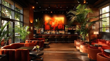 Modern Bar with Palm Trees and Red Couches