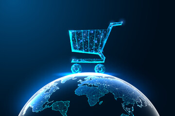 Wall Mural - Global market, worldwide commerce, e-commerce, international trade concept. Shopping cart on Earth 