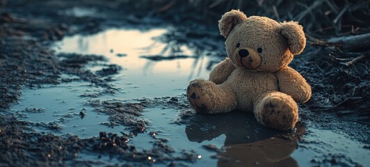 A soft, plush toy discarded in a muddy puddle, once cherished, now forgotten and dirtied