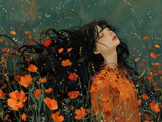 Wall Mural - Dreamy Portrait of a Woman in a Field of Flowers