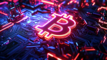 Poster - Glowing bitcoin symbol on a neon digital circuit board. Cryptocurrency and blockchain technology concept