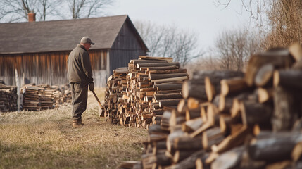 Farmer Gathering Firewood for Winter Storage