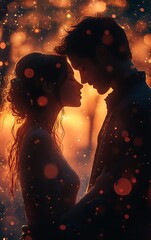 Wall Mural - silhouettes of a couple in love, standing close together with a warm glow behind them.