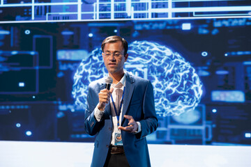 Poster - Business manager talking at AI expo using microphone, sharing industry expertise to audience. Data researcher at artificial intelligence tech event presenting latest AI products and services