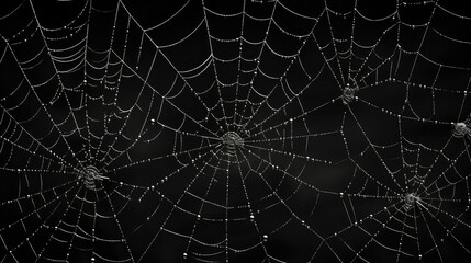 spooky web background on halloween, scary silver spiderweb against black wall, design of invitation.