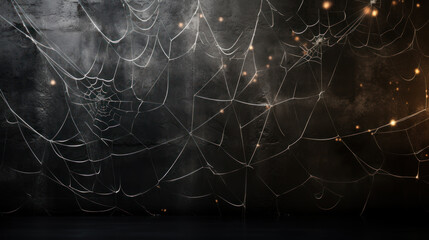 Wall Mural - scary web background on halloween, spooky spiderweb and lights against dark wall, design of invitati