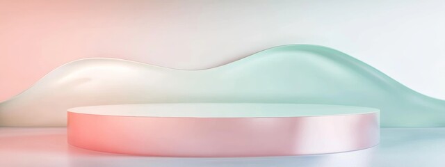 Curved metal podium with a gradient finish transitioning from pastel pink to mint green against a soft white backdrop. Platform for product presentation