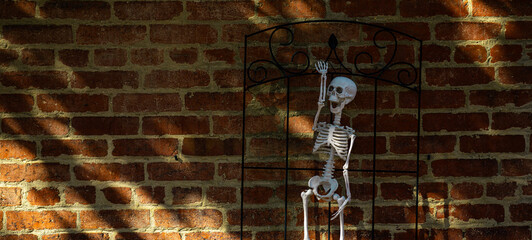 Halloween pumpkin and skeleton for decorated house. Scary Decorated at front yard of a American home. Trick or treat. Halloween background. Autumn holiday of Halloween. Holiday of Halloween.