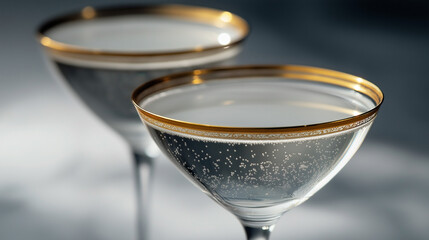 a champagne coupe with gold rim filled with sparkling champagne against an isolated silver background