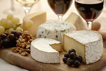 arrangement of various cheeses paired with French wines, garnished with grapes and nuts