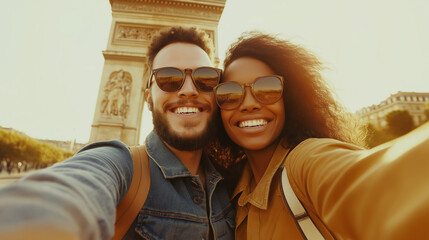 a couple taking a selfie in front of a famous landmark with smiles and excitement against an isolated soft yellow background