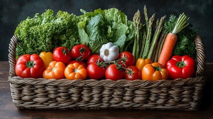 Fresh organic vegetables in a wicker basket.