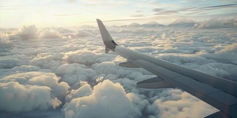 Poster - Aerial View of Majestic Airplane Wing in Flight through Clouds Representing Freedom Adventure and Travel Perspective from a Window Seat