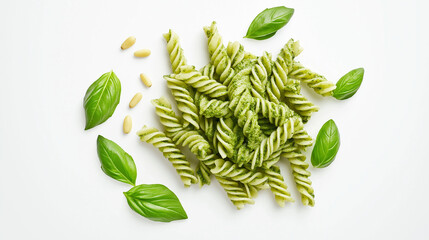 Wall Mural - fusilli with pesto with fresh basil pesto, pine nuts, and grated parmesan against an isolated white background