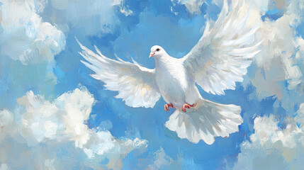 white dove gracefully soaring through a bright blue sky amidst fluffy clouds