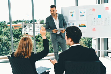 Wall Mural - Businesswomen and businessmen attending group meeting conference in office room. Corporate business team concept. uds