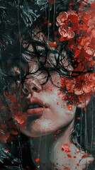 Canvas Print - Surreal Portrait of a Woman with Red Flowers