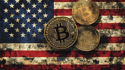 Bitcoin Cryptocurrency Coins on Grunge US American Flag