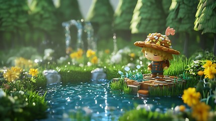 Wall Mural - Cute cartoon character in a forest by a stream, 3D render illustration