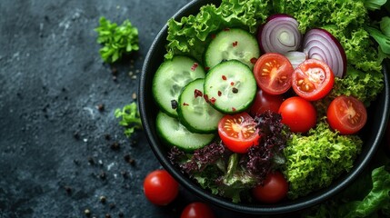 Wall Mural - Fresh Green Salad with Tomatoes, Cucumber and Red Onion in a Bowl