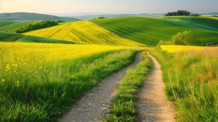 A rural path with green and yellow fields for text placement