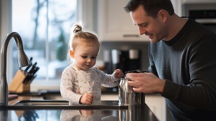 Father and young daughter enjoying quality time together while cooking in a cozy kitchen during late afternoon