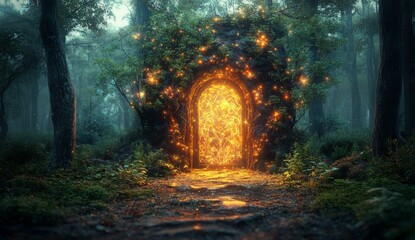spectacular fantasy scene with a portal archway covered in creepers. in the fantasy world, ancient m