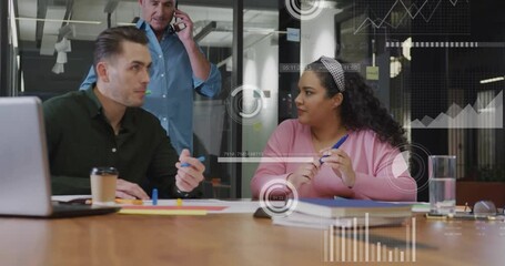 Poster - Animation of data processing and diagrams over diverse colleagues discussing work in office