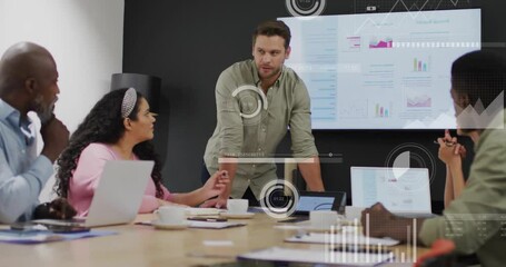 Poster - Animation of data processing and diagrams over diverse colleagues discussing work in office