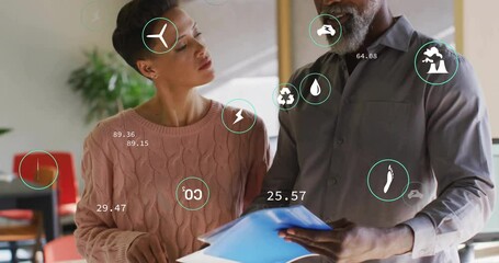 Poster - Animation of data processing and ecology icons over diverse colleagues talking in office