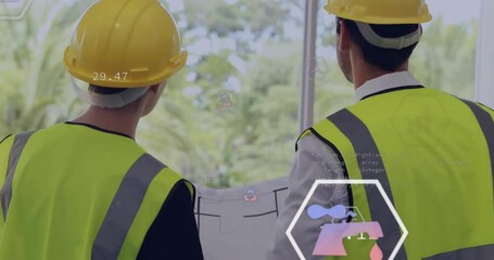 Poster - Animation of eco icons and data processing over diverse architects