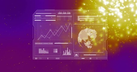 Sticker - Animation of globe and digital data processing over glowing spots on dark background