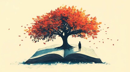 An abstract illustration of a tree growing out of an open book, with a teacher standing at the roots, symbolizing the nurturing of knowledge and wisdom, with books as leaves