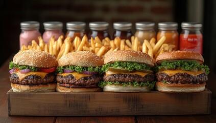 Sticker - A Wooden Tray Filled with Four Delicious Burgers, French Fries, and Condiments