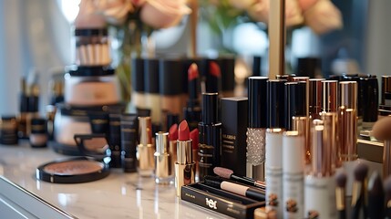 A stylish makeup display featuring various cosmetics and tools.