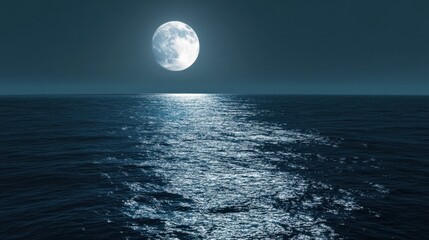 Wall Mural - a full moon reflecting on the surface of the ocean, creating a path of silver light.
