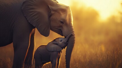 An elephant mother wrapping her trunk around her calf in a gentle, protective embrace.