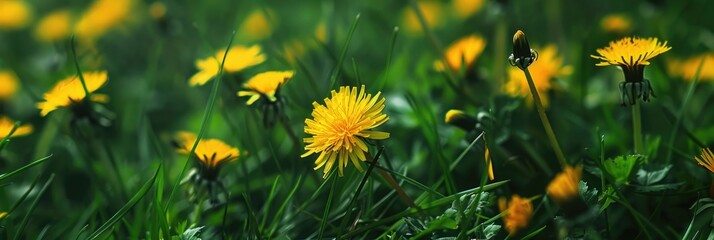 Canvas Print - Bright yellow dandelion flowers nestled in rich green grass, showcasing the beauty of spring blooms in nature.