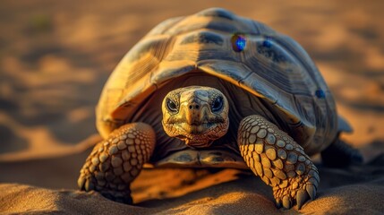 A close-up of a desert tortoise, slowly making its way across the hot sand.