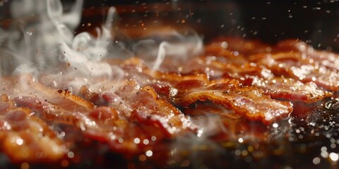 Wall Mural - Close up of crispy bacon strips being roasted in a skillet with hot oil splattering creating a rich sizzle and smoke Morning Breakfast