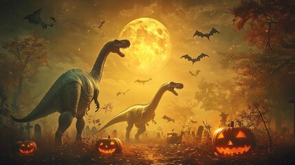 Halloween Dinosaurs  Dinosaur s marching through a foggy Halloween graveyard, bats and eerie pumpkins, 3D illustration